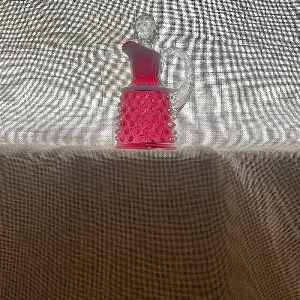 Fenton Glass Cranberry Opalescent Hobnail Oil Bottle Cruet w/ Crystal Stopper - Picture 5 of 16